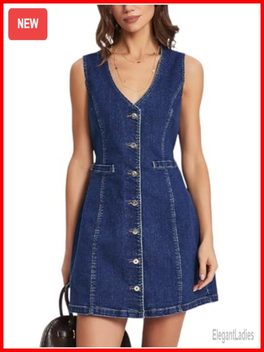 Denim Mini Dress Sleeveless V Neck Button Down A-Line Summer Jean Dress